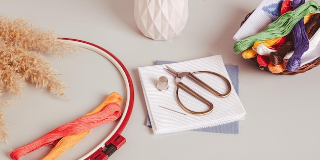 Workspace with embroidery tools